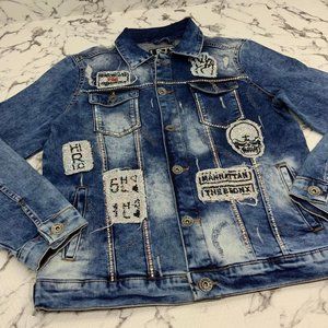 Men's Fashion Silver Rhinestones Performance Blue Denim Jacket